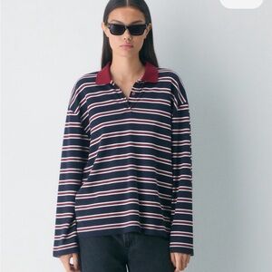 Aritzia Eton Navy and Burgundy Striped Long Sleeve Top